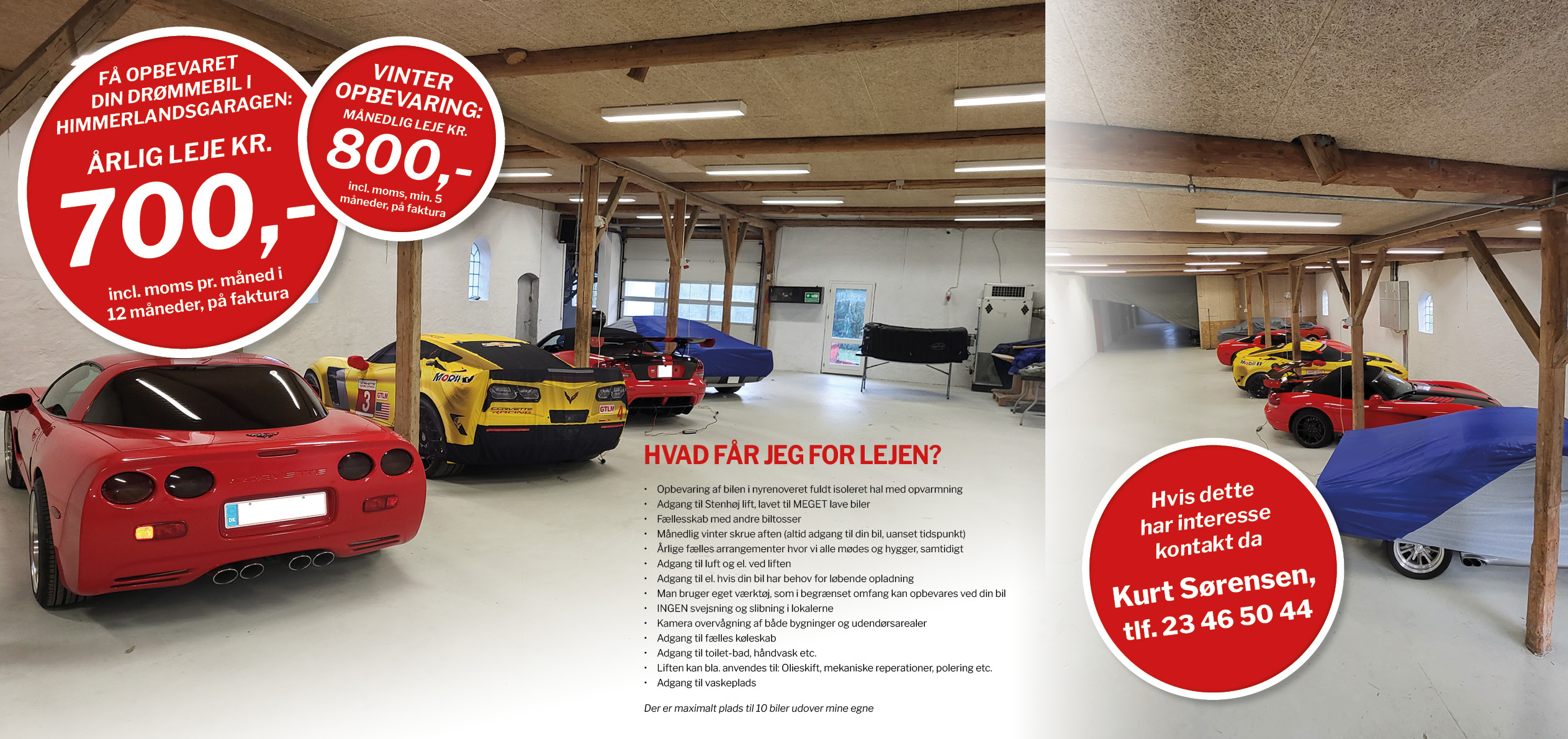 Plakat for bilopbevaring i Himmerlandsgaragen med priser og kontaktoplysninger